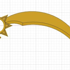 Puede incluir: Ilustración dorada estilizada de un objeto en forma de media luna con un diseño de estrella en un extremo. La estrella tiene un círculo central y está montada sobre una base decorativa.