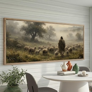 Cuadro panorámico de gran formato "Jesús Pastor" (Salmo 23), "Buen Pastor con ovejas en prado brumoso", "Hojas 99" Decoración cristiana