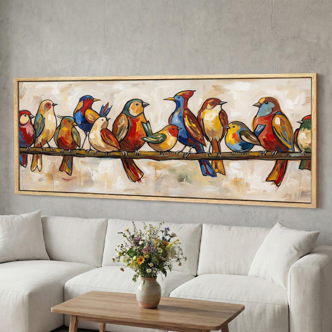 Mid Century Modern Birds on Wire Panoramic Canvas Wall Art, Colorful ...