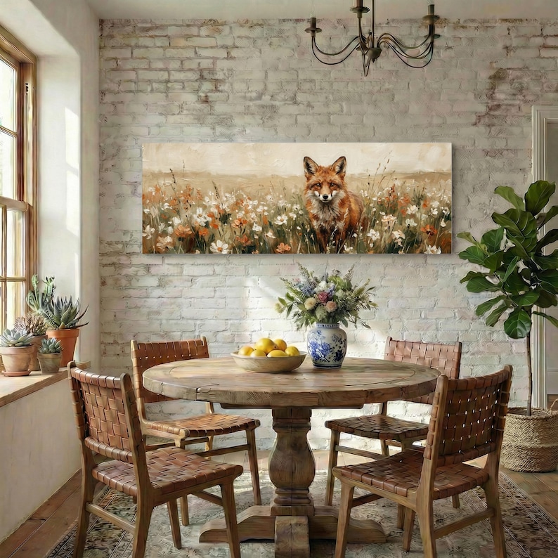Rustic Fox Image Red Fox Wildflower Field Canvas Art, Vintage Oil Style Rustic Woodland ...
