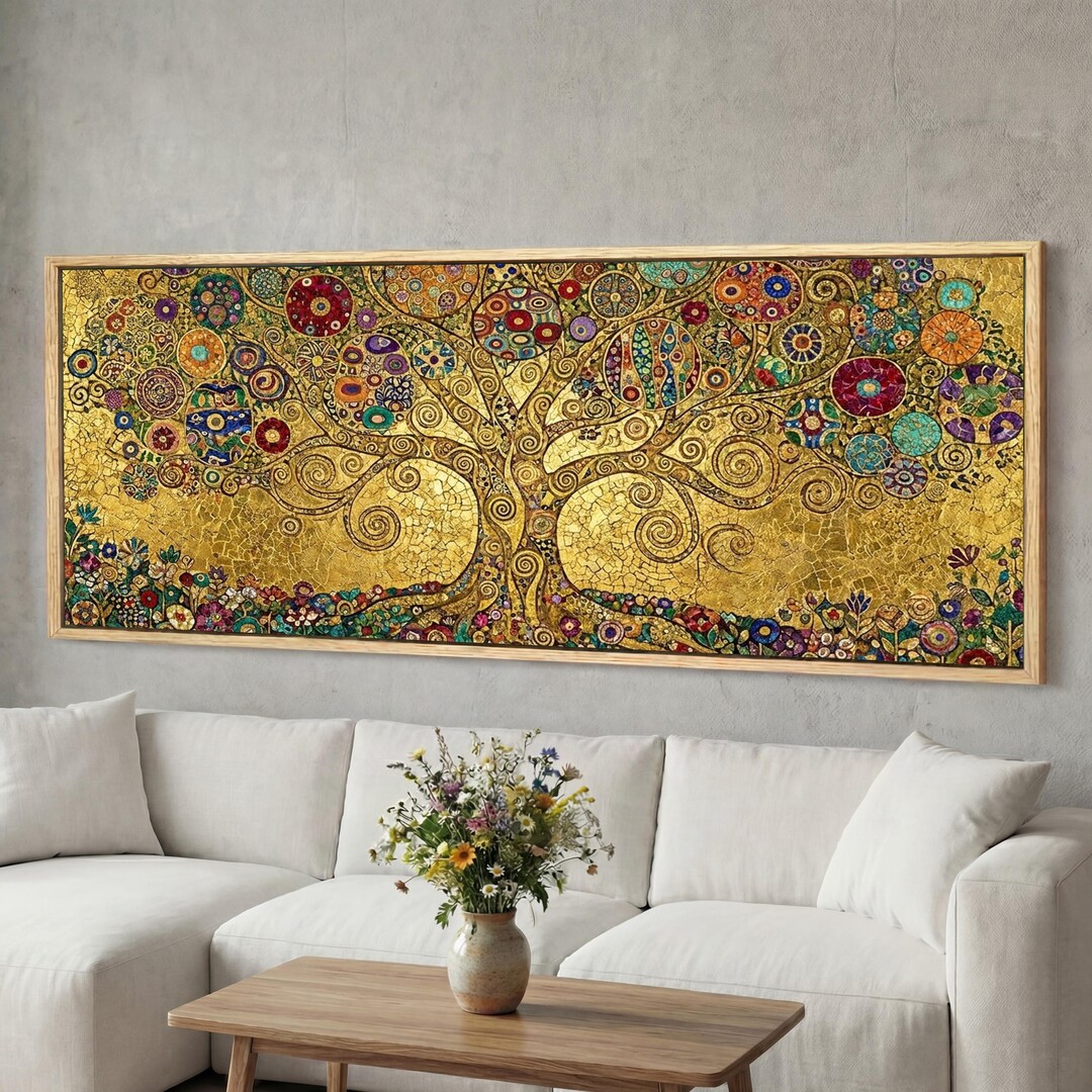 Gilded Tree of Life Canvas Wall Art, Klimt Inspired Gold Mosaic Artwork ...