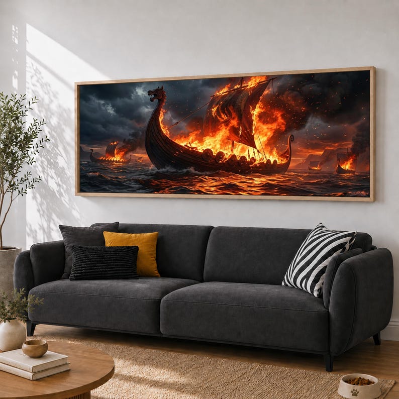 Viking Longship Canvas Wall Art Sea Battle Art Burning Ship Fire 