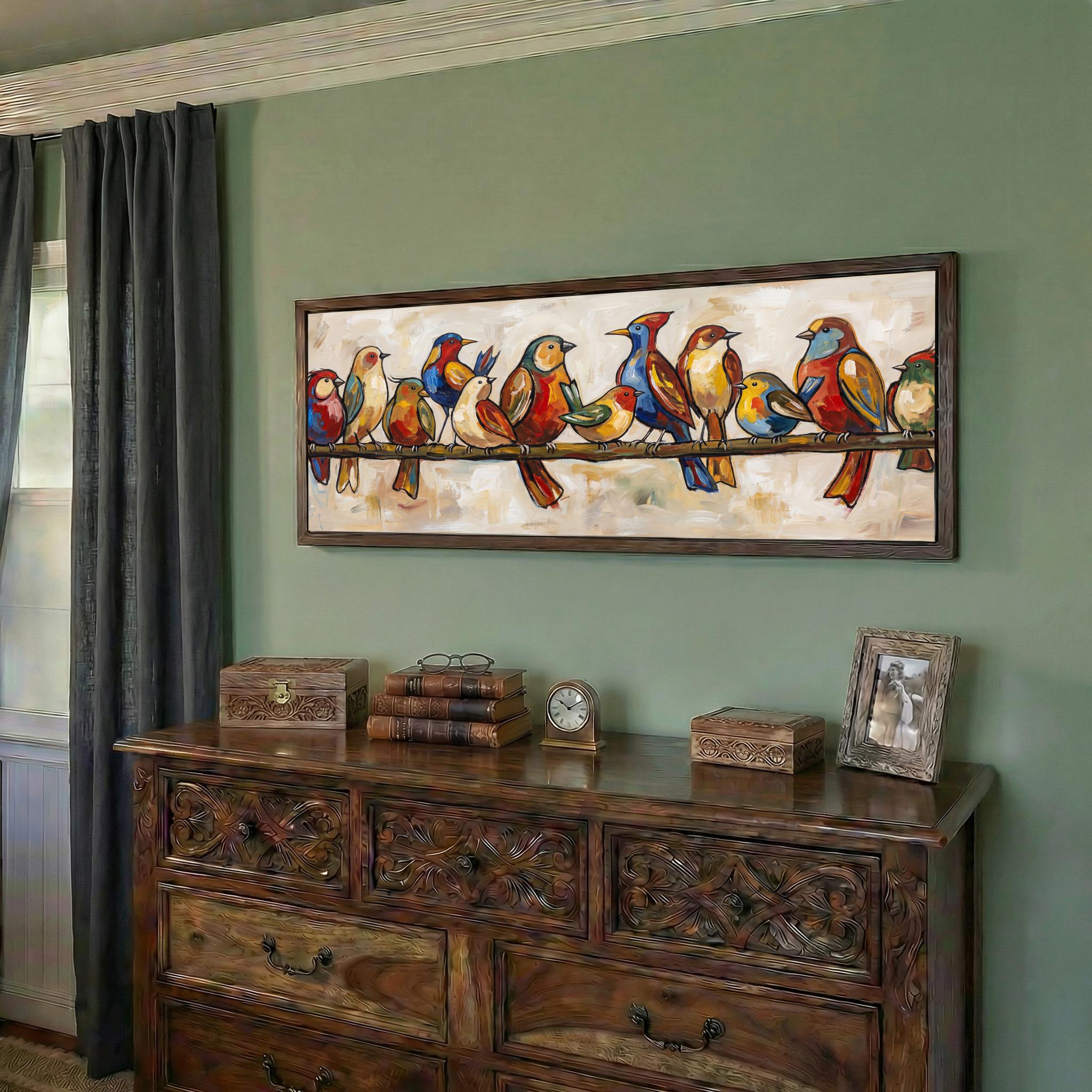 Mid Century Modern Birds on Wire Panoramic Canvas Wall Art, Colorful ...