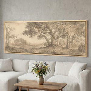 Sepiawald Panorama Leinwand Wandkunst, Weite Wildnis Landschaft, extra Lange Horizontale Rustikale Wanddekoration Über Sofa
