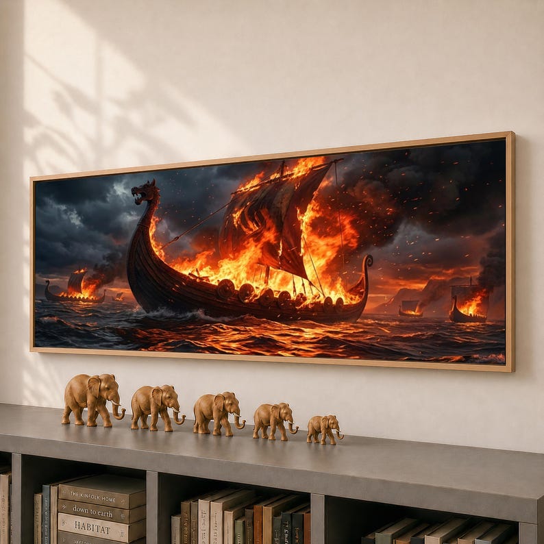 Viking Longship Canvas Wall Art Sea Battle Art Burning Ship Fire 
