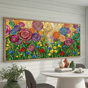 May include: A framed floral painting featuring a vibrant array of colorful flowers. The artwork showcases large, swirling blooms in shades of pink, purple, orange, and blue, set against a gold background. Green foliage and smaller flowers fill the foreground.