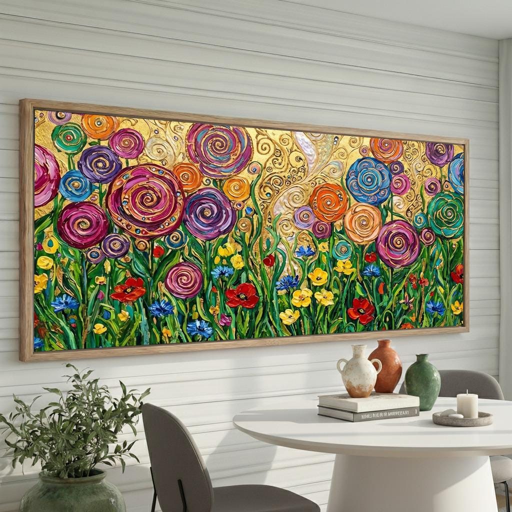 Klimt Style Gold Floral Garden Canvas, Colorful Spiral Flower Wall