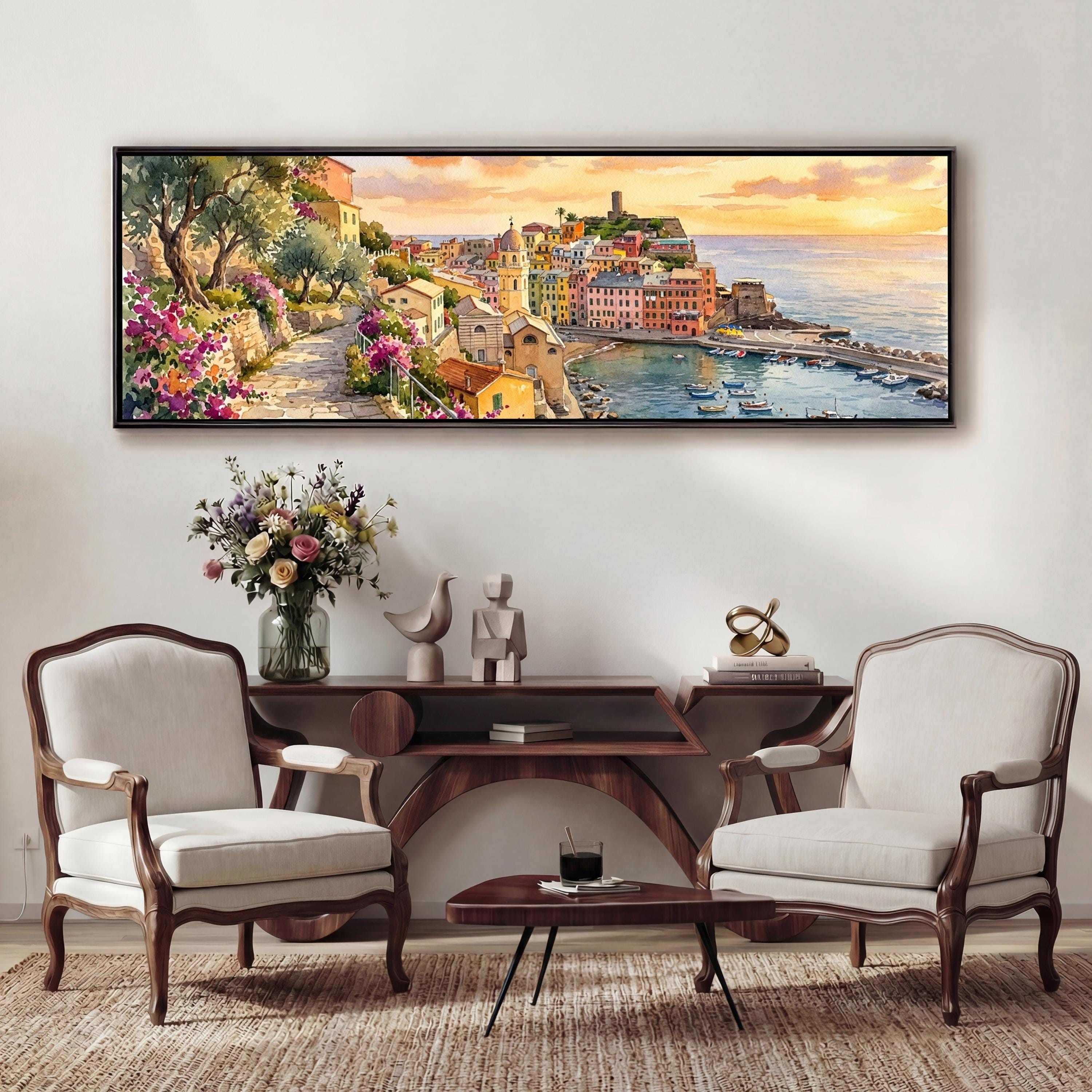 Amalfi Style Italian Coast Panoramic Canvas Wall Art, Coastal Village ...