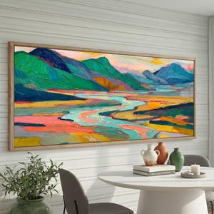 Quadro su tela con paesaggio astratto colorato, dipinto panoramico di montagna e fiume, arredamento moderno di metà secolo, tela con ampia cornice.
