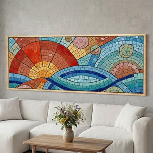 Mitte des Jahrhunderts moderne gerahmte Leinwand Wandkunst, Panorama abstraktes Mosaik Sun & Waves, Geometrische Wanddekoration