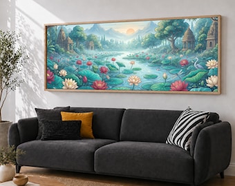 May include: A panoramic landscape painting in a wooden frame depicting a serene river winding through a lush forest with blooming pink and white lotus flowers, large green lily pads, ancient stone structures, and distant mountains at sunset.