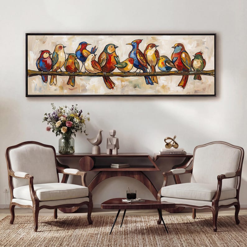 Mid Century Modern Birds on Wire Panoramic Canvas Wall Art, Colorful ...