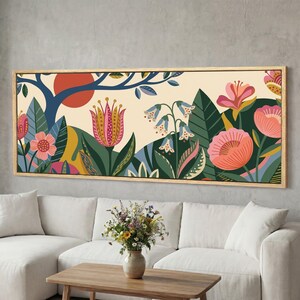 Cuadro decorativo de pared con motivos florales botánicos extralargos, flores folclóricas con colores vibrantes, decoración de pared panorámica para pasillo, encima del sofá o la chimenea.