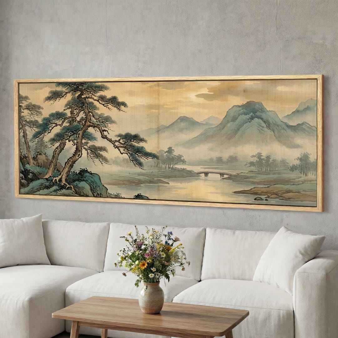 Vintage Japanese Landscape Canvas Wall Art, Misty Mountain River Bridge ...
