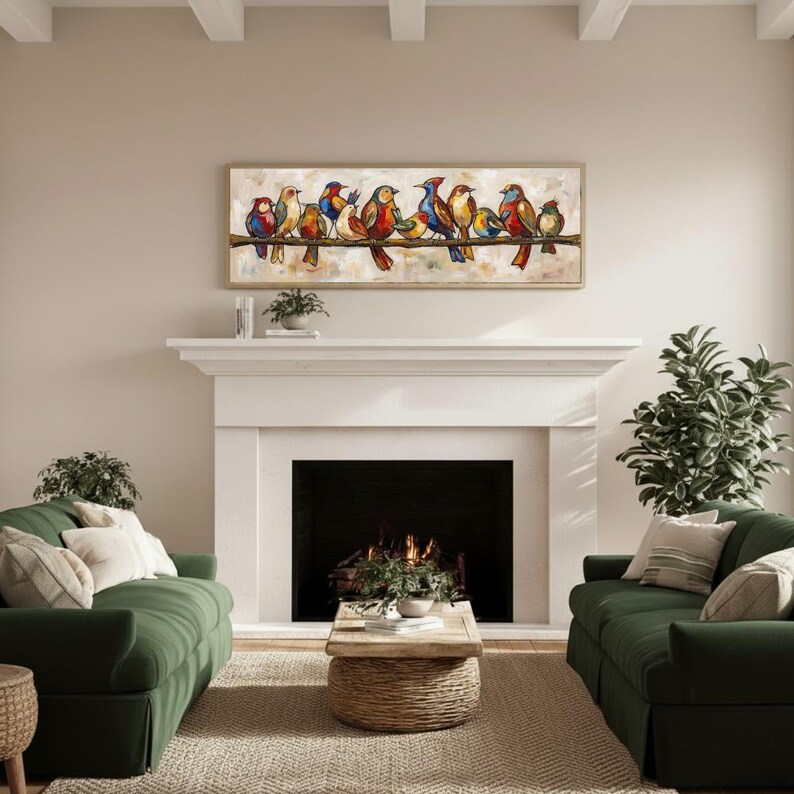 Mid Century Modern Birds on Wire Panoramic Canvas Wall Art, Colorful ...