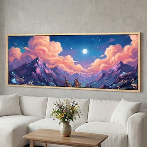 May include: A framed landscape painting depicts a fantasy scene with mountains, clouds, and a full moon. The artwork features a color palette of blues, purples, and pinks, with a wooden frame. The painting hangs above a white sofa and a wooden coffee table.
