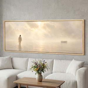 Canvaskunst Jezus loopt op water, panoramische christelijke muurkunst, bijbelse wonderscène, groot neutraal geloofsdecor