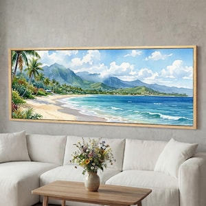 May include: Watercolor painting of a tropical beach scene with a light wood frame. The artwork depicts a sandy beach, turquoise water, palm trees, and green mountains under a blue sky with fluffy white clouds. The painting is displayed above a white sofa.