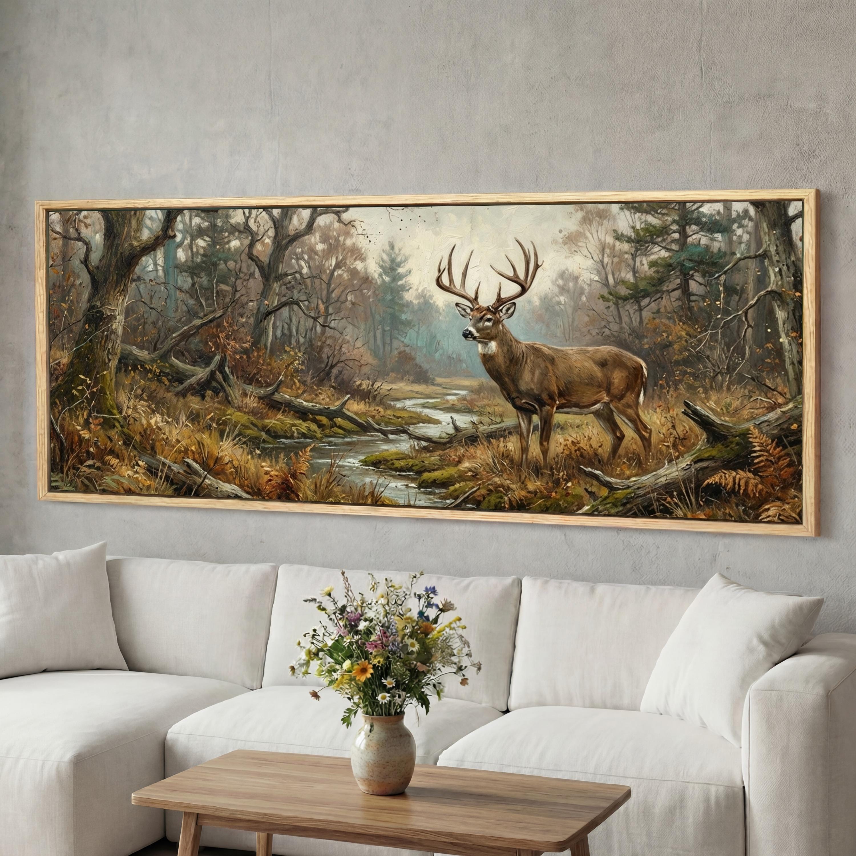Rustic Deer Canvas Wall Art, Forest Creek Landscape, Sepia Woodland ...