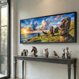 Lienzo decorativo Moai para pared, paisaje marino al atardecer en la Isla de Pascua, decoración costera panorámica extra ancha, arte marino amplio para sala de estar