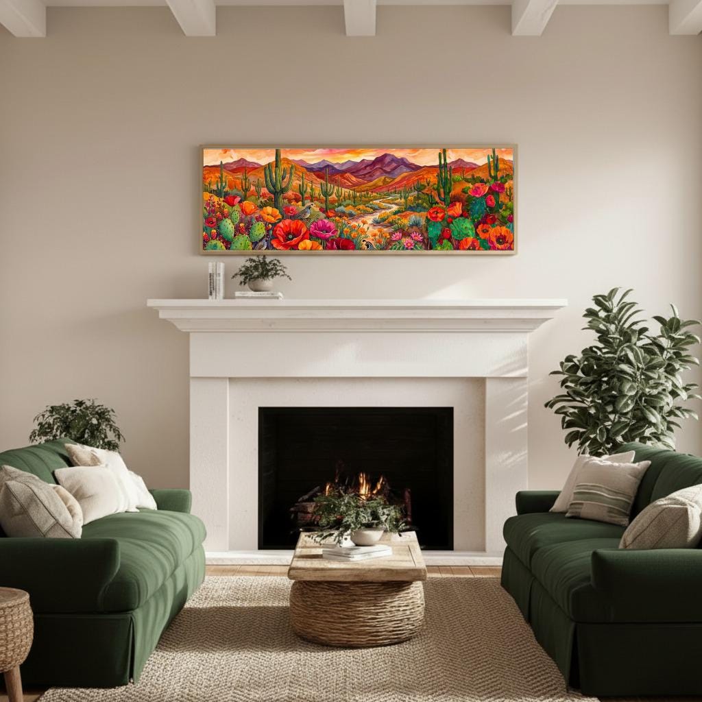 Southwest Desert Panorama Canvas Wall Art, Saguaro Cactus Bloom ...