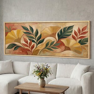Retro Botanical Canvas Wall Art, Earth Tone Floral Triptych, Wide Panoramic Canvas Decor for Living Room Bedroom