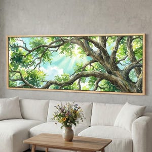 Leaf Canopy Canvas Wall Art, Sunbeam Forest Tree Landscape, Panoramic Nature Canvas, Oak Branches, Extra Wide Woodland Decor