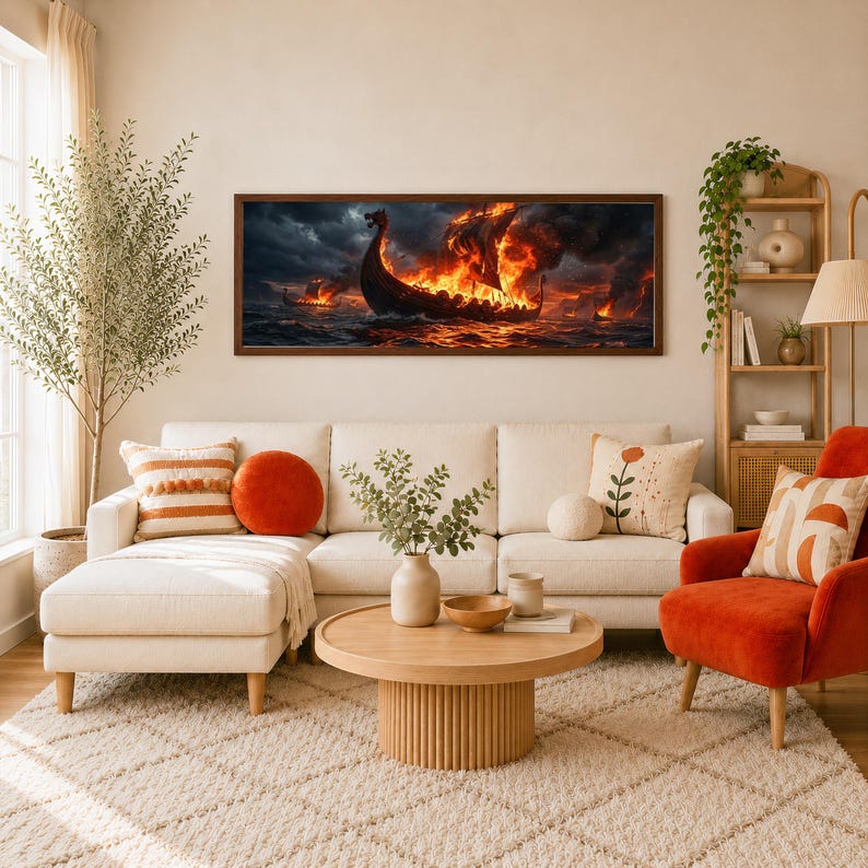 Viking Longship Canvas Wall Art Sea Battle Art Burning Ship Fire 