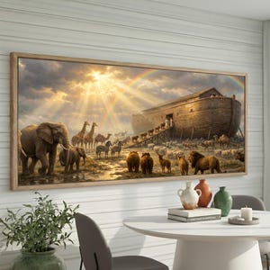May include: A framed artwork showing Noah's Ark with diverse animals like elephants, giraffes, zebras, and lions. A rainbow spans the sky, and the ark is lit by sunlight. The artwork is in a wooden frame.