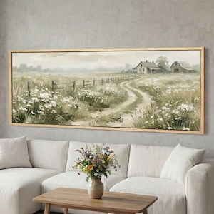 Quadro su tela con campo di fiori selvatici, paesaggio primaverile con prato, sentiero pastorale in fattoria, tela panoramica incorniciata, arredamento neutro in stile rustico-country.