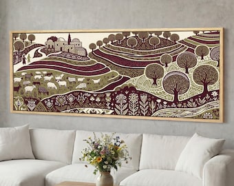 Palestine Wall Art Olive Grove Canvas, Holy Land Village Landscape, Palestinian Folk Woodcut Style, Panoramic Wide Canvas for Sofa Hallway