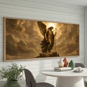 Gold Angel Canvas Wall Art, St Michael Warrior Angel, Heaven Light Beams, Angel Statue in Clouds, Wide Format Religious Decor, Ready to Hang