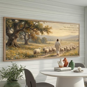May include: A framed landscape painting shows a shepherd guiding sheep along a path, with a large tree on the left. The artwork includes the text "Jesus said: My sheep listen to My and I know them, and they JOHN 10:27."