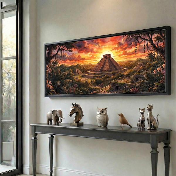 Chichen Itza Sunset Canvas Wall Art, Mayan Pyramid Mexico Travel Decor, Panorama Canvas Art, Extra Wide Landscape for Living Room