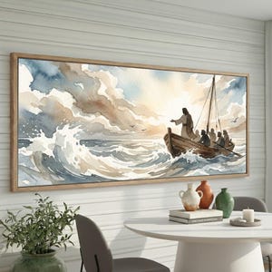 Jesus Calms the Storm Canvas Wall Art, Hush Be Still Scripture, Watercolor Bible Sea Scene, Panoramic Christian Home Decor
