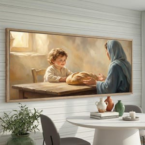 May include: A framed painting depicts a child and a woman at a wooden table, sharing a loaf of bread. The artwork is rendered in warm, earthy tones, with soft lighting. The scene evokes a sense of peace and domesticity, suitable for home decor.