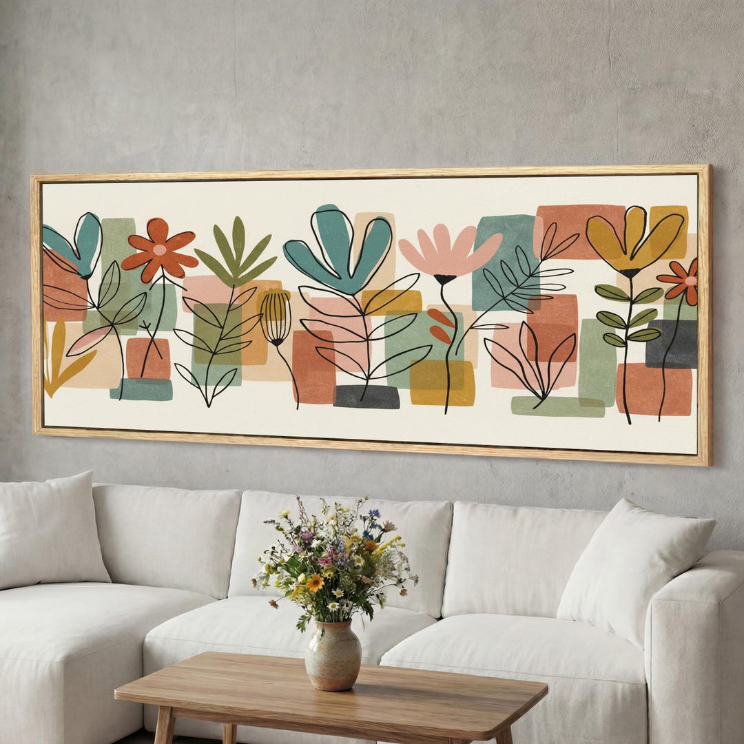 Mid Century Modern Botanical Canvas Wall Art, Extra Long Wide Panoramic ...