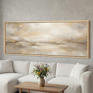 Obraz ścienny na płótnie w kolorze neutralnym Taupe Horizon, minimalistyczny, panoramiczny obraz ścienny w kolorze kości słoniowej i złota, bardzo długi, nowoczesny obraz do salonu