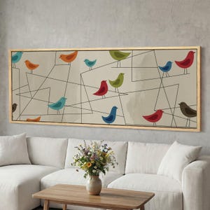 Mid Century Birds on Wire Framed Canvas Wall Art, Mid Mod Abstract Geometric Bird Canvas, Wide Panoramic Long Horizontal Decor