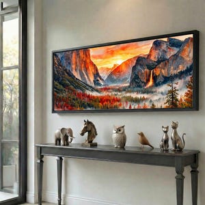 Yosemite Sunset Valley Canvas Wall Art, Panoramic Watercolor Mountain Landscape, Waterfall Granite Vista Nature Decor