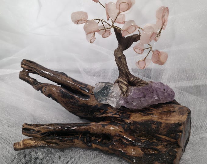 Handmade Bonsai Tree with crystals on a Natural Cholla Root Base – Desert Inspired Religious Art.