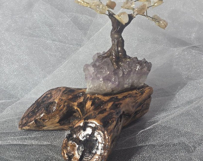 Handmade Bonsai Tree with crystals on a Natural Cholla Root Base – Desert Inspired Religious Art.