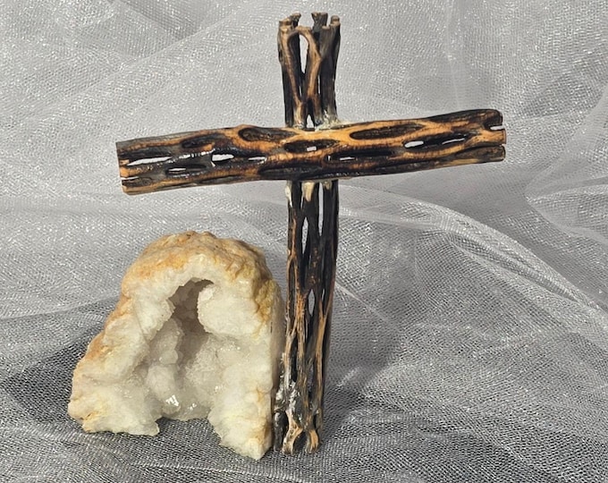 Handmade Cholla Cactus Wood Cross on Natural crystal Base – Desert Inspired Religious Art