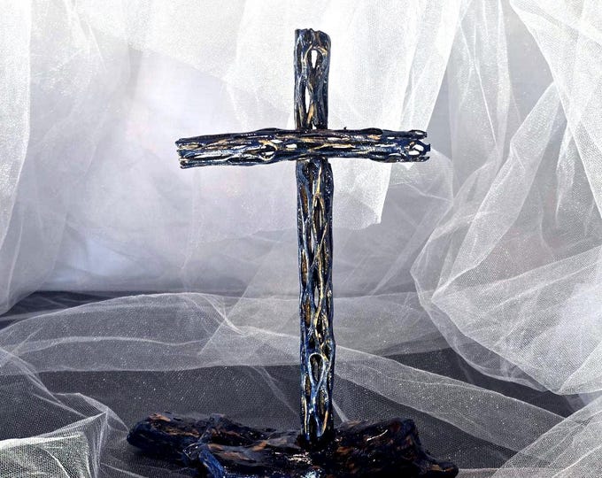 Handmade Cholla Cactus Wood Cross on Natural Cholla Root Base – Desert Inspired Religious Art