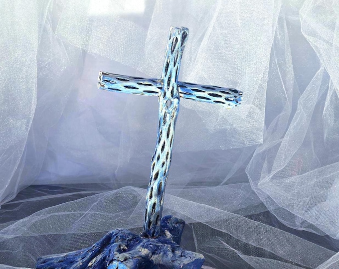 Handmade Cholla Cactus Wood Cross on Natural Cholla Root Base – Desert Inspired Religious Art