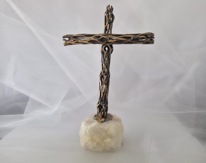 Handmade Cholla Cactus Wood Cross on Natural crystal Base – Desert Inspired Religious Art