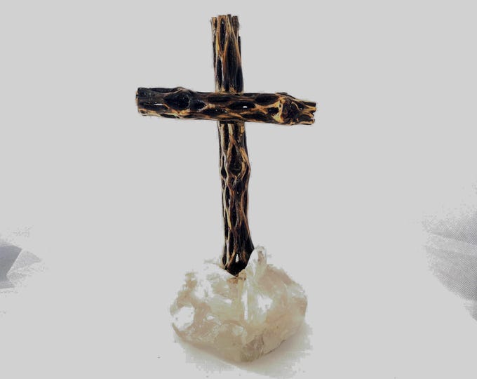 Handmade Cholla Cactus Wood Cross on Natural crystal Base – Desert Inspired Religious Art