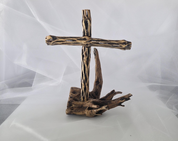 Handmade Cholla Cactus Wood Cross on Natural Cholla Root Base – Desert Inspired Religious Art