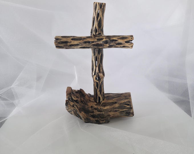 Handmade Cholla Cactus Wood Cross on Natural Cholla Root Base – Desert Inspired Religious Art