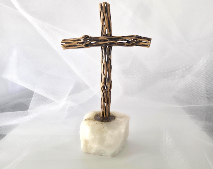 Handmade Cholla Cactus Wood Cross on Natural crystal Base – Desert Inspired Religious Art
